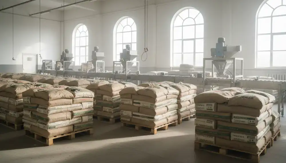 Worki z paszą dla drobiu premium ułożone w czystym zakładzie produkcyjnym
